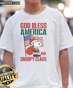 Official Peanuts God Bless America and Snoopy Claus T-Shirt featuring Snoopy in festive holiday attire, perfect for Christmas.