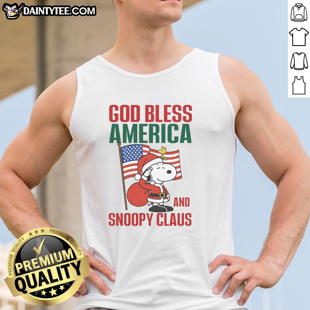 official-peanuts-god-bless-america-and-snoopy-claus-tank-top Official Peanuts God Bless America and Snoopy Claus tank top featuring Snoopy in festive attire, perfect for patriotic celebrations.