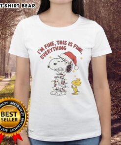 Alt Text: Official Peanuts Snoopy and Woodstock 'I'm Fine, This Is Fine' Christmas Lights Ladies Tee design.