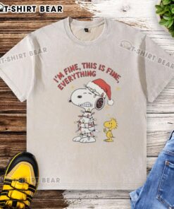 Official Peanuts Snoopy and Woodstock 'I'm Fine, This Is Fine' Christmas lights washed t-shirt design.