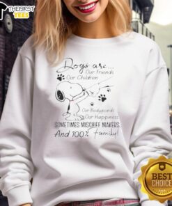 Alt Text: Official Peanuts Snoopy fist bump sweatshirt celebrating dogs as our friends and children, perfect for dog lovers.