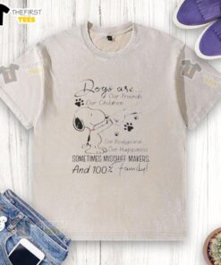 Alt Text: Official Peanuts Snoopy fist bump graphic on a washed t-shirt celebrating dogs as our friends and children.