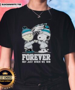 Alt Text: Official Philadelphia Eagles Charlie Brown and Snoopy Forever Not Just When We Win Ladies Tee in vibrant green design.