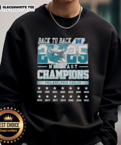 Alt Text: Official Philadelphia Eagles Football NFC East Champions Back-to-Back 2025 sweatshirt with team logo and colors.