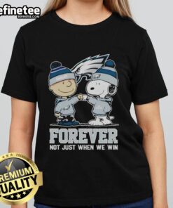Official Philadelphia Eagles x Charlie Brown tee featuring Snoopy with 'Forever, Not Just When We Win' slogan for ladies.