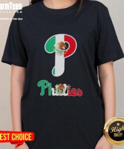 Official Philadelphia Phillies Baseball X Mexican Flag Ladies Tee featuring vibrant colors and stylish design.