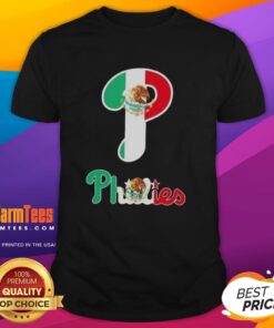 Official Philadelphia Phillies Baseball X Mexican Flag T-Shirt featuring a vibrant design celebrating baseball and culture.
