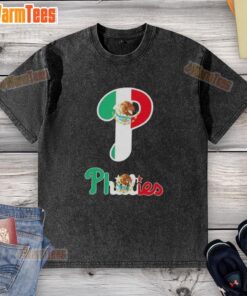 Official Philadelphia Phillies baseball t-shirt featuring a Mexican flag design, perfect for fans and collectors.