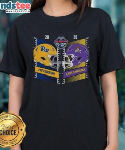 Official Pittsburgh Panthers vs East Carolina Pirates 2025 Military Bowl helmet design on a ladies tee.