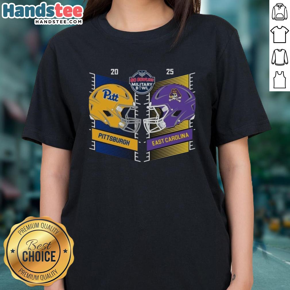 official-pittsburgh-panthers-vs-east-carolina-pirates-2025-military-bowl-head-to-head-helmet-ladies-tee Official Pittsburgh Panthers vs East Carolina Pirates 2025 Military Bowl helmet design on a ladies tee.