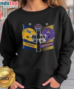 Alt Text: 2025 Military Bowl sweatshirt featuring helmets of Pittsburgh Panthers and East Carolina Pirates in head-to-head design.