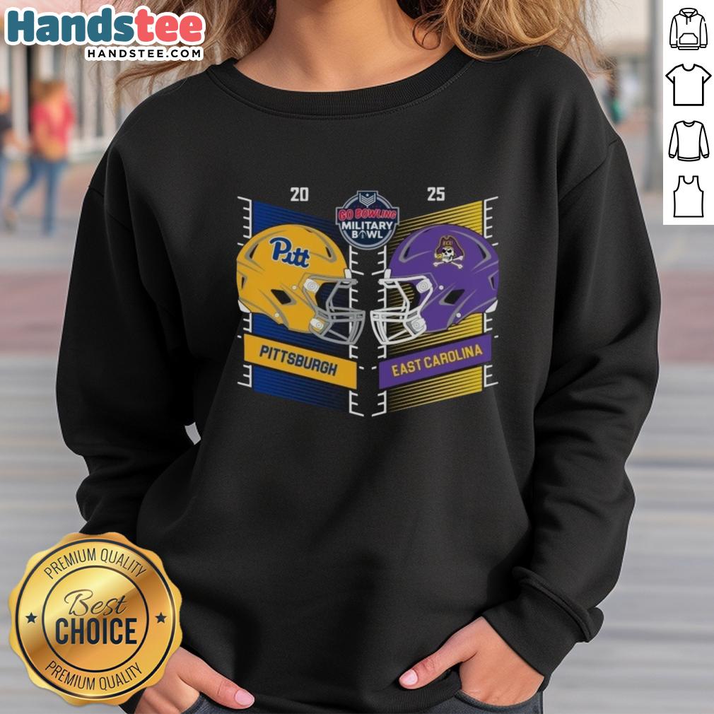 official-pittsburgh-panthers-vs-east-carolina-pirates-2025-military-bowl-head-to-head-helmet-sweatshirt Alt Text: 2025 Military Bowl sweatshirt featuring helmets of Pittsburgh Panthers and East Carolina Pirates in head-to-head design.