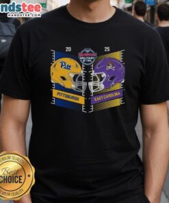 Official Pittsburgh Panthers vs. East Carolina Pirates 2025 Military Bowl head-to-head helmet T-shirt design.