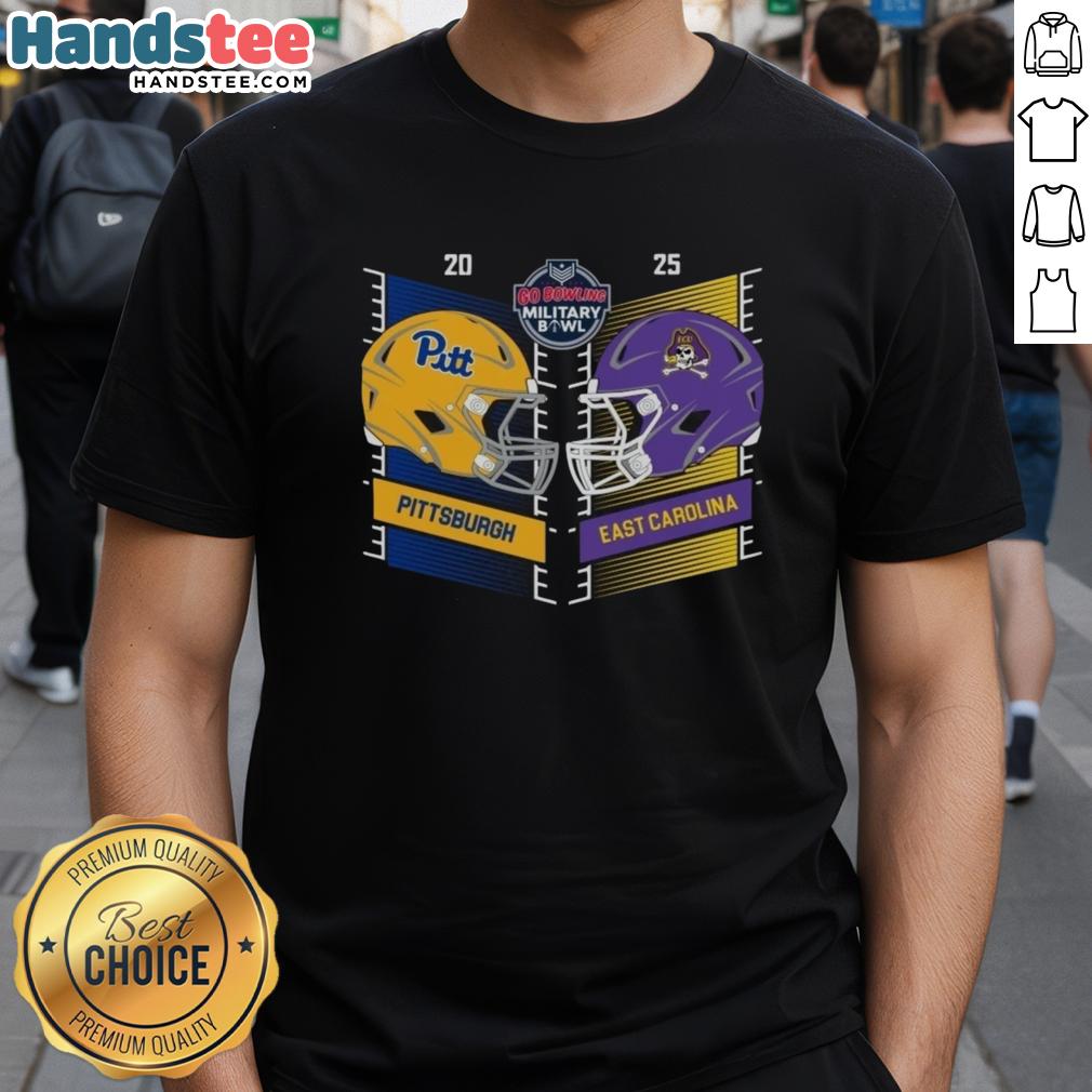 official-pittsburgh-panthers-vs-east-carolina-pirates-2025-military-bowl-head-to-head-helmet-t-shirt Official Pittsburgh Panthers vs. East Carolina Pirates 2025 Military Bowl head-to-head helmet T-shirt design.