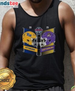 Alt Text: 2025 Military Bowl head-to-head helmet tank top featuring Pittsburgh Panthers and East Carolina Pirates logos.