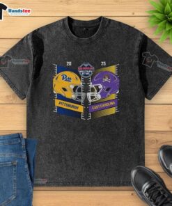Alt Text: Official Pittsburgh Panthers vs. East Carolina Pirates 2025 Military Bowl head-to-head helmet washed t-shirt design.