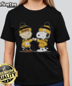 Official Pittsburgh Steelers Snoopy and Charlie Brown Best Friends Ladies Tee featuring iconic characters in team colors.
