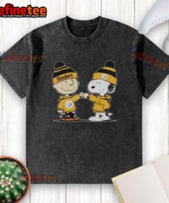 Alt Text: Official Pittsburgh Steelers Snoopy and Charlie Brown Best Friends washed t-shirt featuring iconic cartoon characters.