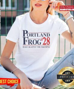 Official Portland Frog 2028 Rage Against The Machine ladies tee featuring vibrant graphics and a stylish fit for fans.
