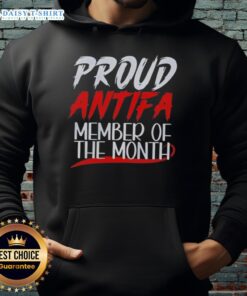 Official Proud Antifa Member of the Month Hoodie featuring bold graphics and comfortable design for activism.