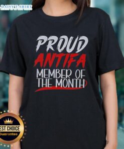 Official Proud Antifa Member of the Month Ladies Tee showcasing bold graphics and a stylish fit for activism supporters.
