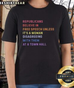 Official Republicans Believe in Free Speech: Women's Tee showing a town hall debate theme on free speech and dissent.