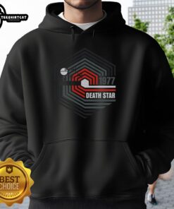 Official Retro 1977 Death Star Hoodie featuring iconic Star Wars design, perfect for fans and vintage style enthusiasts.