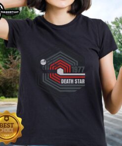Official Retro 1977 Death Star Ladies Tee featuring a vintage design perfect for Star Wars fans.