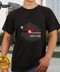 Official Retro 1977 Death Star T-Shirt featuring iconic design and vintage style for Star Wars fans.