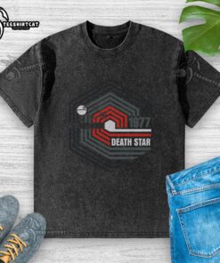 Official Retro 1977 Death Star Washed T-Shirt featuring a vintage design and soft fabric for Star Wars fans.