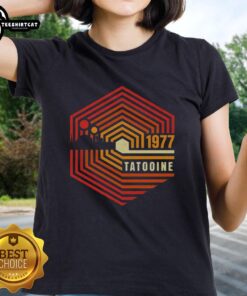 Official Retro 1977 Tatooine Ladies Tee featuring classic Star Wars graphics in a stylish, vintage design.