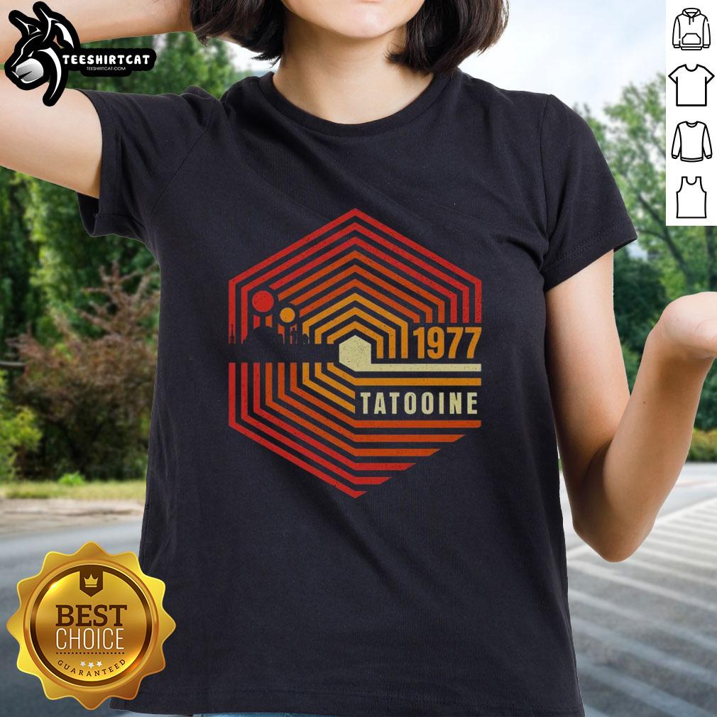 official-retro-1977-tatooine-ladies-tee Official Retro 1977 Tatooine Ladies Tee featuring classic Star Wars graphics in a stylish, vintage design.
