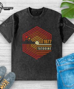 Official Retro 1977 Tatooine Washed T-Shirt featuring vintage design and soft fabric, perfect for Star Wars fans.