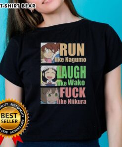 Official Run Like Nagumo, Laugh Like Wako, and Love Like Niikura ladies tee featuring vibrant design and comfortable fit.
