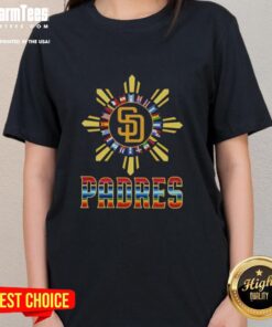Alt Text: Official San Diego Padres X Hispanic Ladies Tee showcasing vibrant team colors and stylish design for fans.