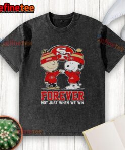 Official San Francisco 49ers X Charlie Brown vs Snoopy Forever T-shirt showcasing team spirit and fun design.
