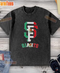 Alt Text: Official San Francisco Giants baseball t-shirt featuring a vibrant Mexican flag design, perfect for fans and collectors.