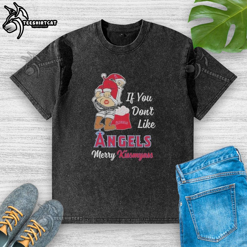 official-santa-claus-if-you-dont-like-los-angeles-angels-merry-kissmyass-sweater-washed-t-shirt Santa Claus wearing a Merry Kiss My Ass sweater, featuring Los Angeles Angels logo on a washed t-shirt.