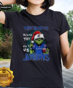 Official Santa Grinch Kansas Jayhawks ladies tee featuring 'They Hate Us Because They Ain't Us' design.