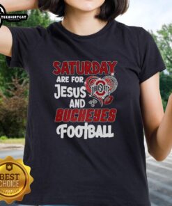 Official Saturday Are for Jesus and Buckeyes Football Ladies Tee in vibrant colors, perfect for game day attire.