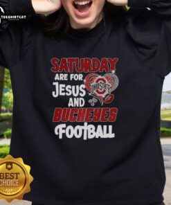 Official Saturday Are for Jesus and Buckeyes Football sweatshirt in gray, perfect for game day and casual wear.