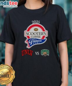 Official Scooters Coffee Frisco Bowl UNLV vs Ohio Bobcats ladies tee featuring team logos and vibrant colors.