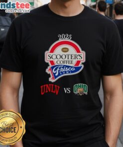 Official Scooter's Coffee Frisco Bowl UNLV vs Ohio Bobcats T-Shirt featuring team logos and vibrant colors.