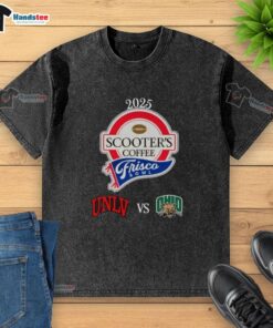 Alt Text: Official Scooters Coffee Frisco Bowl UNLV vs Ohio Bobcats washed t-shirt featuring vibrant team graphics.