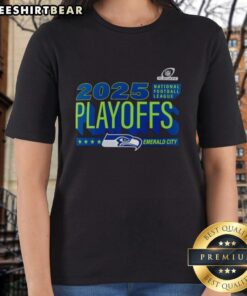 Official Seattle Seahawks 2025 NFL Playoffs Emerald City Ladies Tee showcasing team spirit and style for female fans.