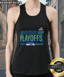 Official Seattle Seahawks 2025 NFL Playoffs Emerald City tank top in blue, showcasing team spirit and playoff pride.