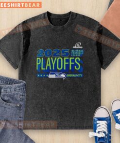 Official Seattle Seahawks 2025 NFL Playoffs Emerald City washed t-shirt showcasing team pride and vibrant colors.
