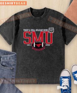 Official SMU Mustangs 2026 Trust And Will Holiday Bowl washed t-shirt featuring team colors and logo.