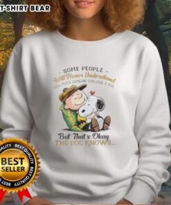 Alt Text: Cozy sweatshirt featuring Snoopy and Charlie Brown with the quote about loving a dog, perfect for dog lovers.