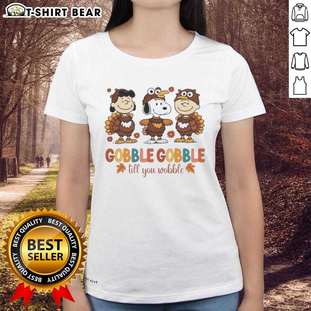 Official Snoopy And Friends Cosplay Turkey Gobble Gobble Till You Wobble Thanksgiving Ladies-Tee Official Snoopy and Friends Thanksgiving ladies tee featuring a playful turkey design, perfect for festive cosplay fun.